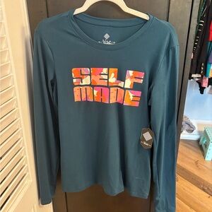 LuLaRoe Blue Long Sleeve Graphic T-Shirt with Orange Highlights